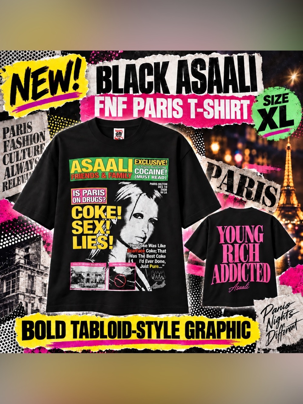 Black Asaali FNF Paris T-Shirt featuring bold, tabloid-style graphic!🔥New! XL!
